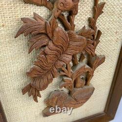 Set of 4 Vintage Mid Century Hand carved wood relief Asian Wall Art panels