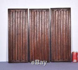Set of Three Antique Gothic Revival Solid Oak Wood Panels withLinen Fold Carvings