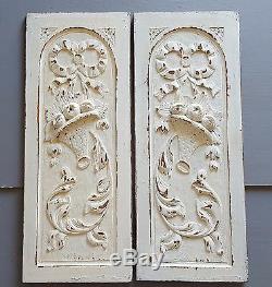 Shabby carved wood panel pair Bow Basket Salvaged architectural