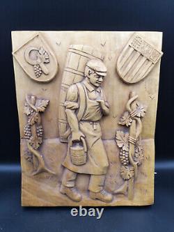 Splendid Vintage French Hand Carved Wooden Panel Winemaker signed by artist