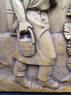 Splendid Vintage French Hand Carved Wooden Panel Winemaker signed by artist