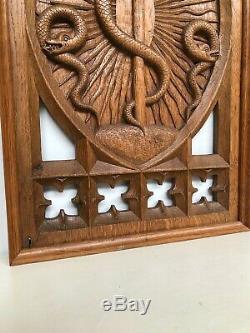 Stunning Carved oak Gothic Panel with snake -RARE