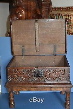 Stunning Early 18th Century Bible Box On Later Stand, Carved Panels, c1720