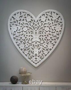 Stunning Extra Large White Carved Mango Wood Heart Wall Panel