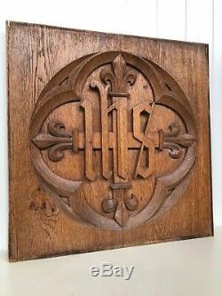 Stunning Gothic IHS Church panel in wood -Savior of men carved panel in oak