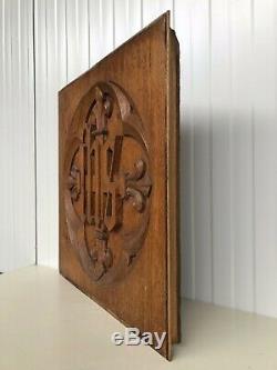 Stunning Gothic IHS Church panel in wood -Savior of men carved panel in oak