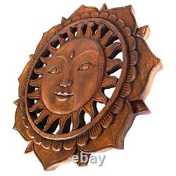 Sunburst Sun Surya & Lotus Wall art Panel Sculpture Hand Carved Wood Bali Art