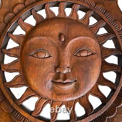 Sunburst Sun Surya & Lotus Wall art Panel Sculpture Hand Carved Wood Bali Art