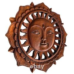 Sunburst Sun Surya & Lotus Wall art Panel Sculpture Hand Carved Wood Bali Art