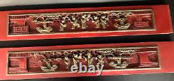 TWO Different Antique Chinese Red-Gilded Wood Hand Carved Long Panels-25 x 4