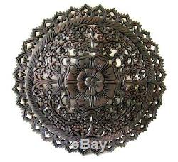 Teak Wood Wall Carving Round Flower Thai Carved Wooden Plaque Relief Panel 23