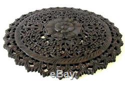 Teak Wood Wall Carving Round Flower Thai Carved Wooden Plaque Relief Panel 23