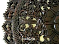 Teak Wood Wall Carving Round Flower Thai Carved Wooden Plaque Relief Panel 23