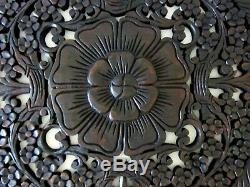 Teak Wood Wall Carving Round Flower Thai Carved Wooden Plaque Relief Panel 23