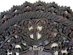 Teak Wood Wall Carving Round Flower Thai Carved Wooden Plaque Relief Panel 23