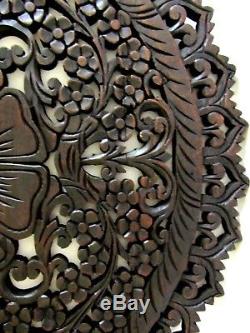 Teak Wood Wall Carving Round Flower Thai Carved Wooden Plaque Relief Panel 23