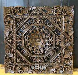 Teak Wood Wall Carving squares Flower Thai Carved Wooden Plaque Relief Panel 35