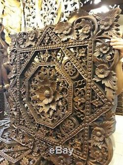 Teak Wood Wall Carving squares Flower Thai Carved Wooden Plaque Relief Panel 35