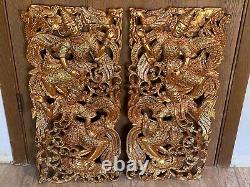 Thai Dancers Painted Carved Wood Wall Hanging Panels Home Decor Set of 2