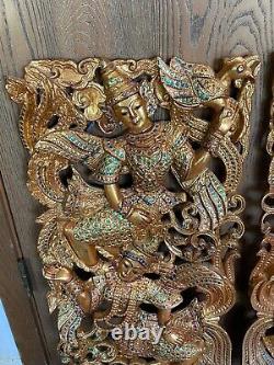 Thai Dancers Painted Carved Wood Wall Hanging Panels Home Decor Set of 2
