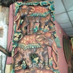 Thai Elephant Wall Panel Decor Art Wood Panels Hand Carved Hanging Sculpture