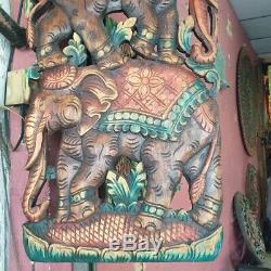 Thai Elephant Wall Panel Decor Art Wood Panels Hand Carved Hanging Sculpture