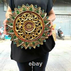 Thai Gift Home Décor Handmade Wood Relief Wall Panel Hand Carved with Colored