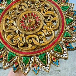 Thai Gift Home Décor Handmade Wood Relief Wall Panel Hand Carved with Colored