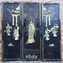 Three Antique Chinese Green Stone Carved Inlaid Wood Panel- 3 Panels