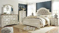 Traditional Antique White 5 piece Bedroom Set with King Gray Fabric Panel Bed IA0D