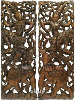 Traditional Thai Dancing Figure on Elephant. Large Carved Wood Panels. Brown