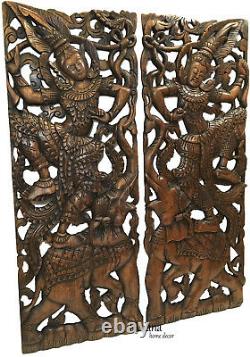 Traditional Thai Dancing Figure on Elephant. Large Carved Wood Panels. Brown