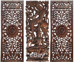 Traditional Thai Figure Wall Art Panel. Large Carved Wood Decor Panels. Set of 3