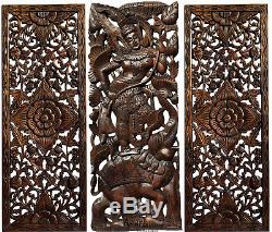 Traditional Thai Figure with Elephant Carved Wood Wall Art Decor Panels. Set of 3