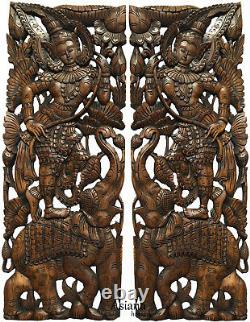 Traditional Thai Figure with Lotus on Elephant. Large Carved Wood Panels. Brown