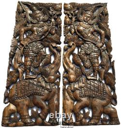 Traditional Thai Figure with Lotus on Elephant. Large Carved Wood Panels. Brown