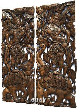 Traditional Thai Figure with Lotus on Elephant. Large Carved Wood Panels. Brown