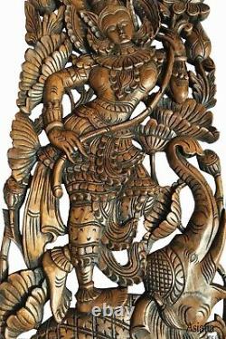 Traditional Thai Figure with Lotus on Elephant. Large Carved Wood Panels. Brown