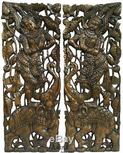 Traditional Thai Sawaddee Figure on Elephant. Large Carved Wood Panels. Brown