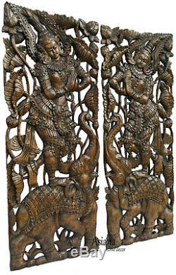 Traditional Thai Sawaddee Figure on Elephant. Large Carved Wood Panels. Brown