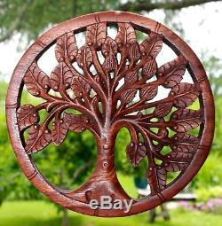 Tree of life Wall Art Plaque Panel Hand Carved wood Mahogany Balinese 7.75