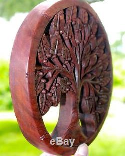 Tree of life Wall Art Plaque Panel Hand Carved wood Mahogany Balinese 7.75