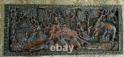 Tribal Architectural CARVED wood panel elephants logging jungle art Wall Decor