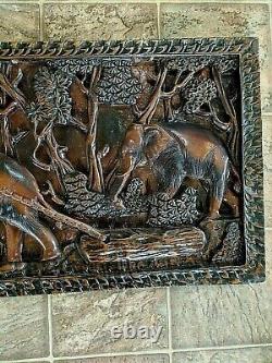 Tribal Architectural CARVED wood panel elephants logging jungle art Wall Decor