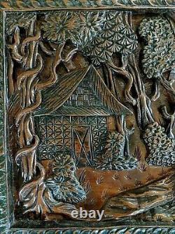 Tribal Architectural CARVED wood panel elephants logging jungle art Wall Decor