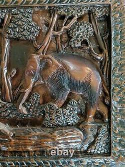 Tribal Architectural CARVED wood panel elephants logging jungle art Wall Decor