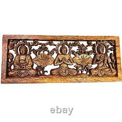 Triple Mudra Buddha Panel Hand Carved Suar Wood Bali Wall Sculpture Balinese Art