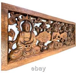 Triple Mudra Buddha Panel Hand Carved Suar Wood Bali Wall Sculpture Balinese Art