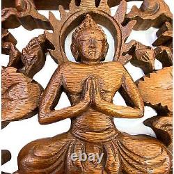 Triple Mudra Buddha Panel Hand Carved Suar Wood Bali Wall Sculpture Balinese Art