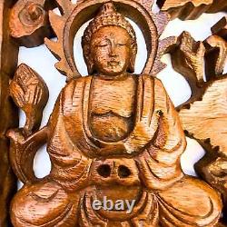 Triple Mudra Buddha Panel Hand Carved Suar Wood Bali Wall Sculpture Balinese Art